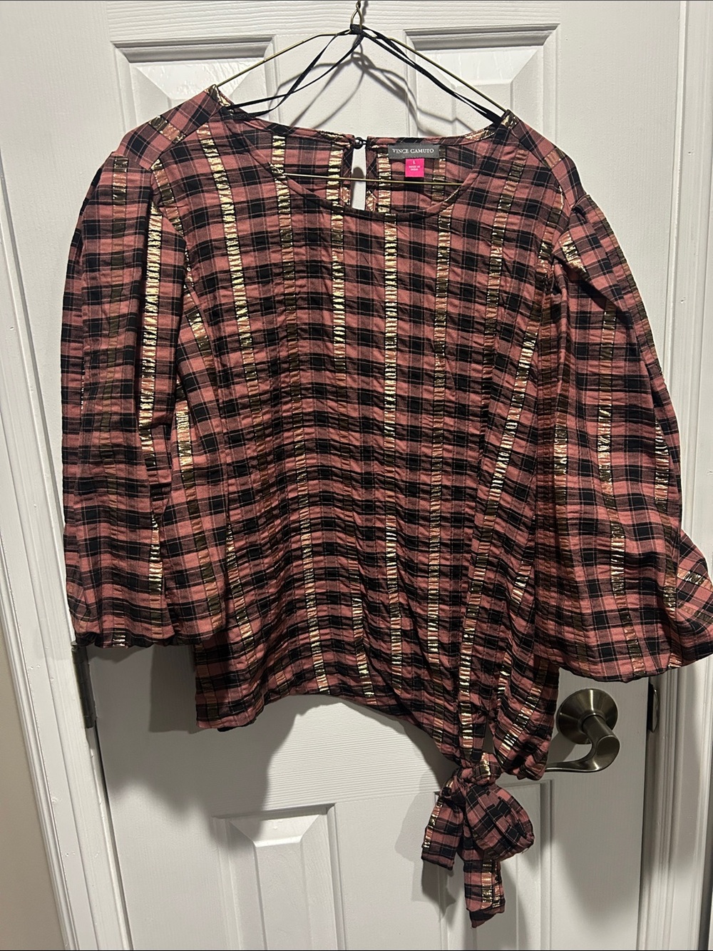 Vince Camuto Rose Plaid Tie-Hem Blouse with Metallic Stripe